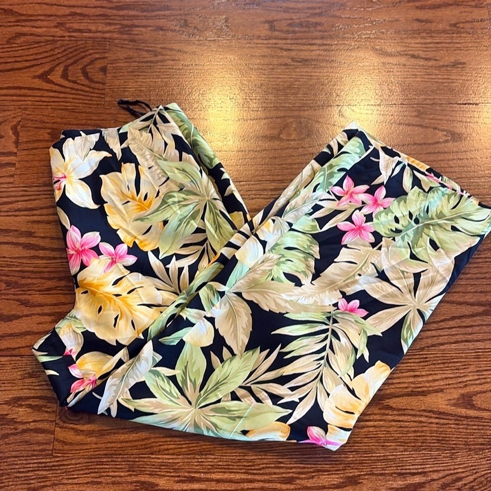 Talbots SILK Hawaiian Floral Print wide Pants tropical vintage zipped lined 8